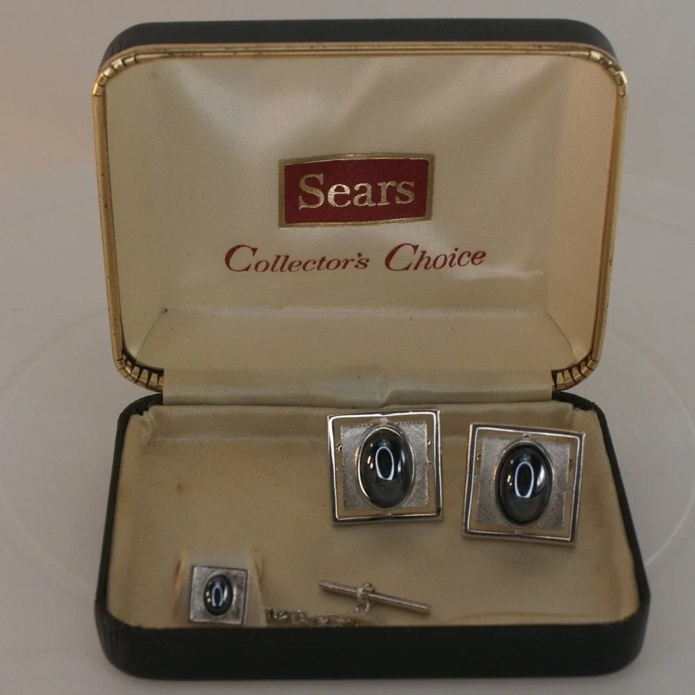Vintage Sears Collectors Choice Mens Cufflinks & Tie Tac Silver Tone Black Stone